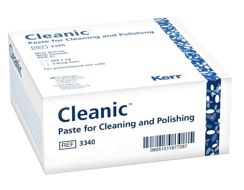 Cleanic™ Prophy-Paste mit Fluorid in Einzeldosis-Verpackung, Markenname und Details sichtbar.