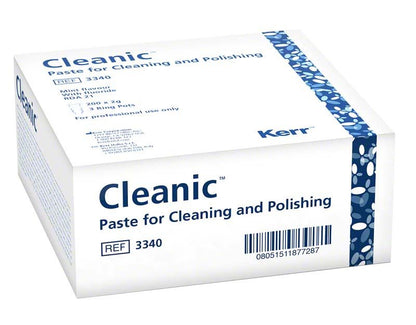 Cleanic™ Prophy-Paste mit Fluorid in Einzeldosis-Verpackung, Markenname und Details sichtbar.