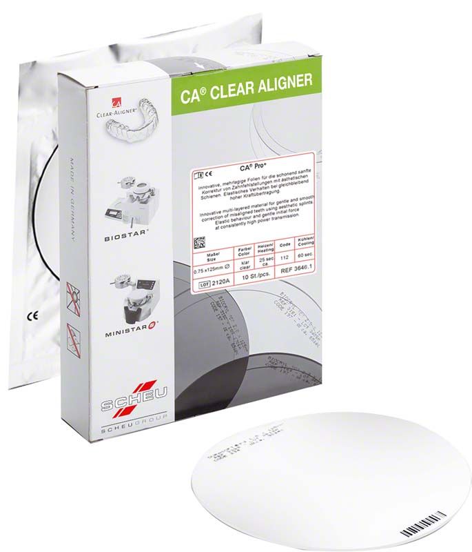 CA® Pro+ Folien Ø 125mm 0,75mm für Aligner-Herstellung im Dentalbereich.