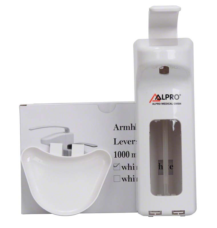 Wandspender für 1L/500ml Flaschen mit weißer Tropfschale.