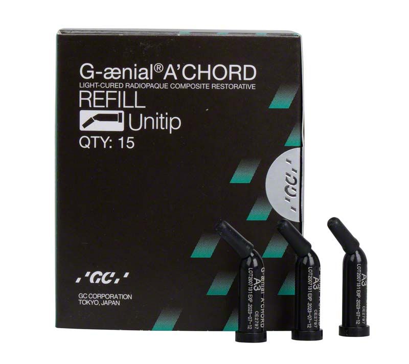 G-aenial™ ACHORD Unitips A3 Verpackung mit drei schwarzen Unitips.
