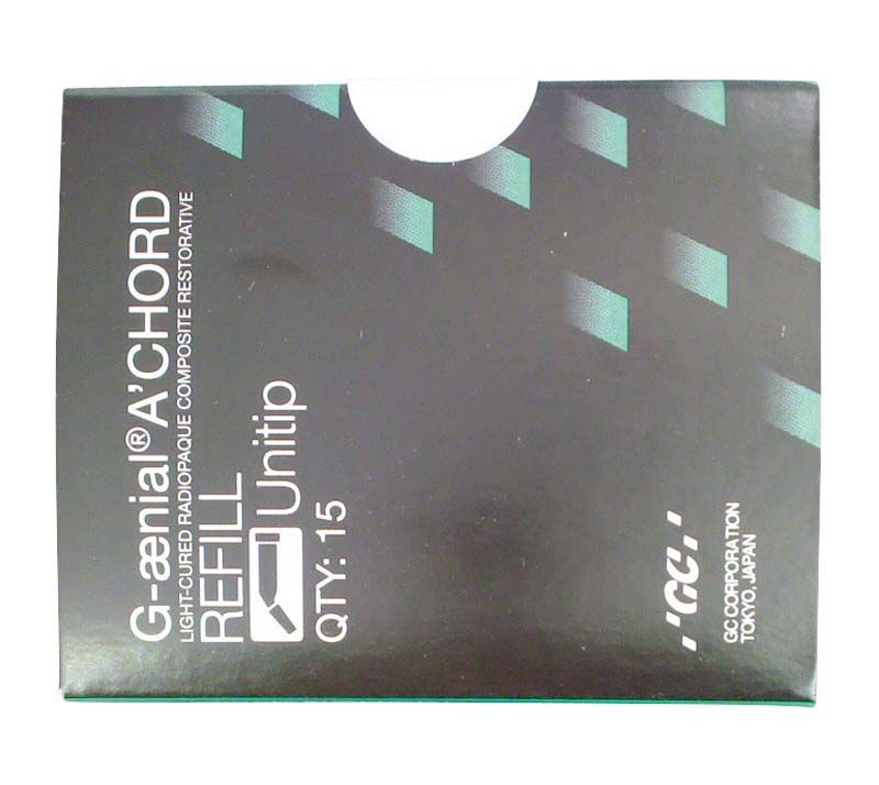 G-aenial™ ACHORD Unitips A5 Verpackung mit Produktinformationen in Weiß auf schwarzem Hintergrund.