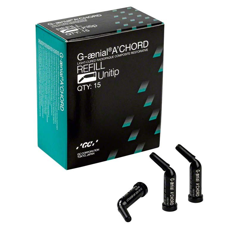 G-aenial™ A'CHORD Unitips BW Verpackung mit drei schwarzen Füllungsmaterial-Einheiten.