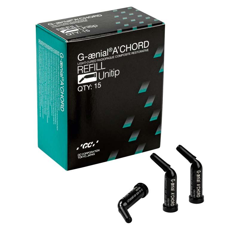 G-aenial™ ACHORD Unitips AO3 Verpackung mit drei schwarzen Einheiten.
