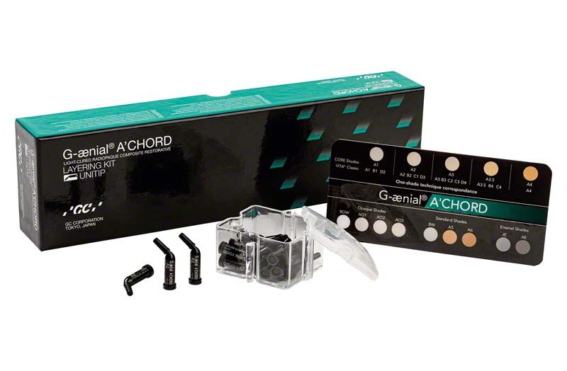 G-aenial™ ACHORD Unitips Kit mit Verpackung und Farbmusterkarte
