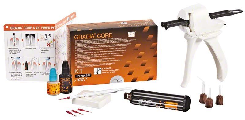 GC GRADIA CORE Intro Kit mit Verpackung, Applikator und Zubehör.