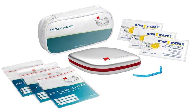Schienenetui mit Minigripbeuteln und CA Clear Aligner Zubehör.