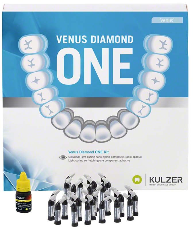 Venus® Diamond ONE PLT Kit mit Verpackung und dentalen Komponenten.