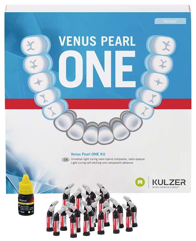 Venus® Pearl ONE PLT Kit mit Verpackung und mehreren dentalen Applikatoren.