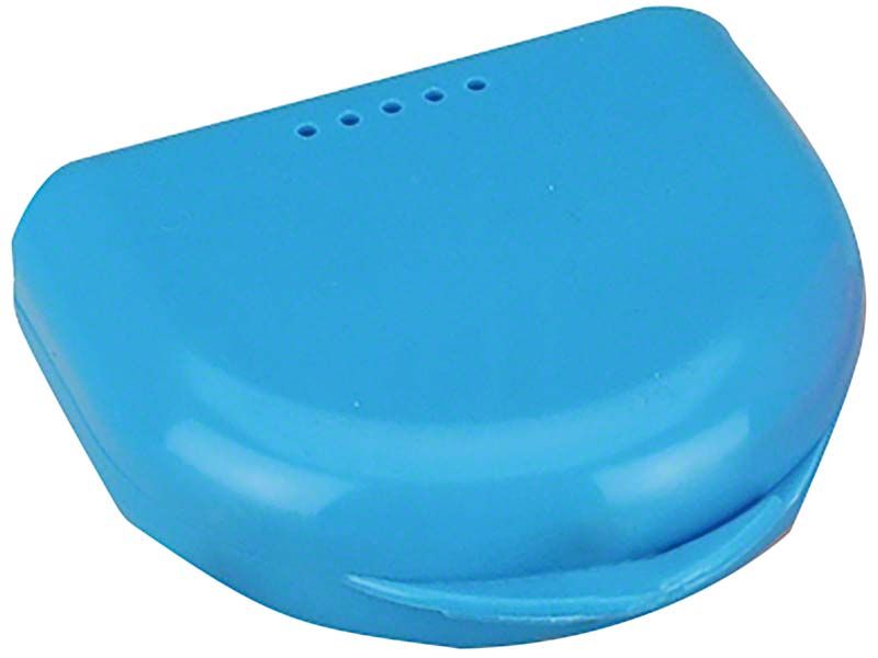 Blaue Dento Box® I mit robustem Schnappverschluss und Lüftungslöchern.