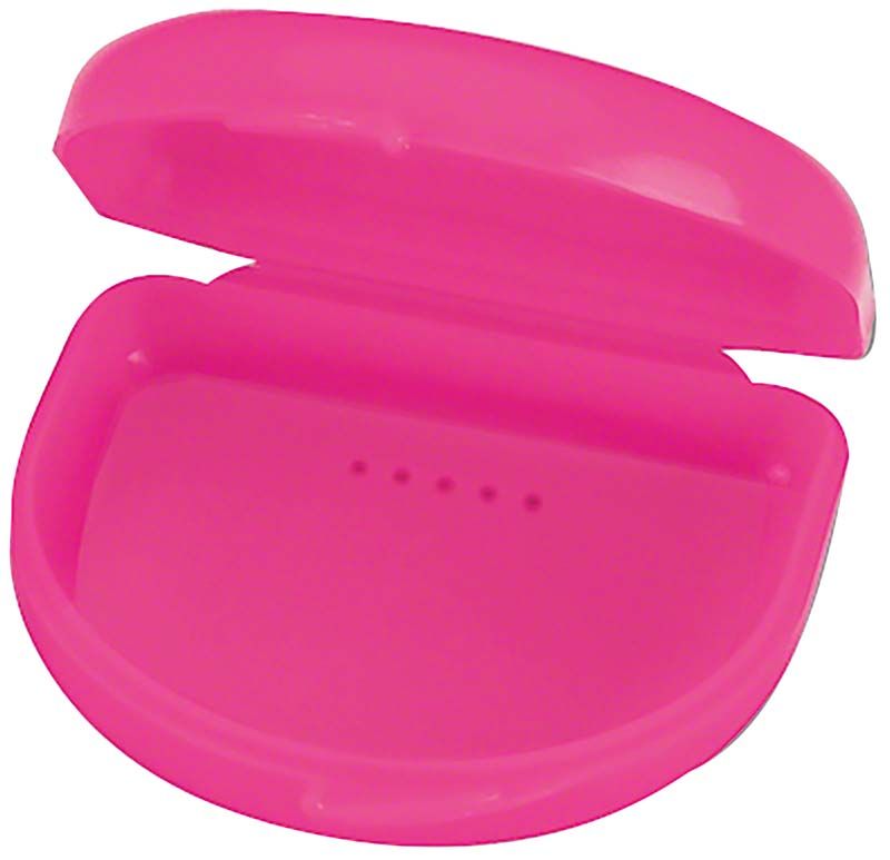Hochwertige Dento Box® I pink mit Lüftungsöffnungen, geöffnet.
