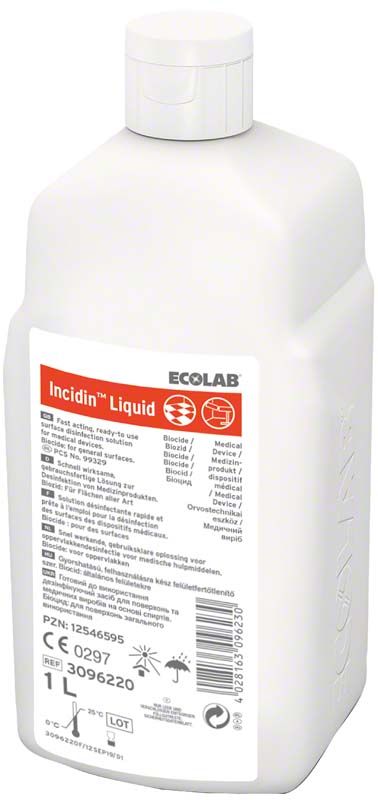 Incidin™ Liquid 1l Flasche mit Etikett und Sicherheitsinformationen.