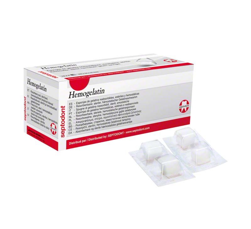 Hemogelatin-Gelatineschwamm in Originalverpackung mit vier Einzelblistern.