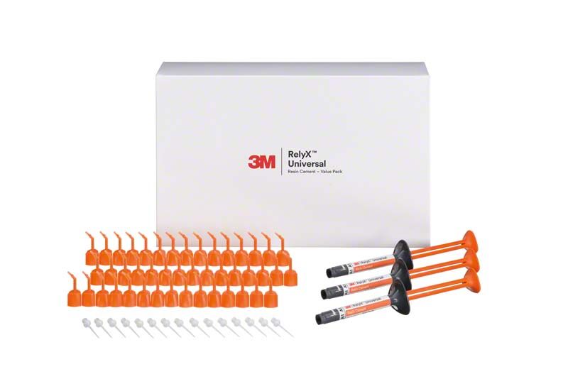 3M™ RelyX™ Universal Resin Cement Value Pack A1 mit Zubehör und Verpackung.