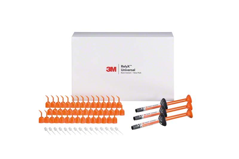 3M™ RelyX™ Universal Resin Cement Value Pack TR mit Applikationskappen und Spritzen.