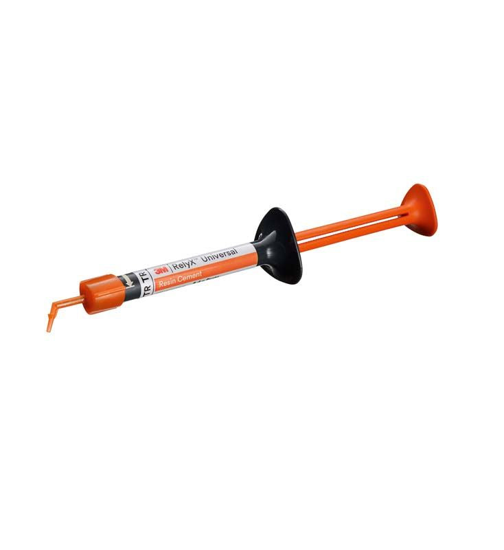 3M™ RelyX™ Universal Resin Cement Spritze mit orangem Applikationsaufsatz.