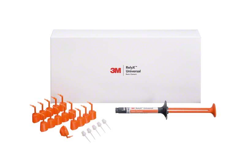 3M™ RelyX™ Universal Resin Cement Spritze mit Zubehör und Verpackung.
