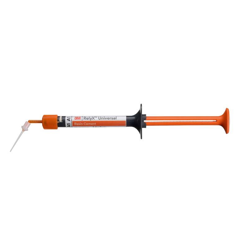 3M™ RelyX™ Universal Resin Cement Spritze A1 mit orangem Kolben und Applikatorspitze.