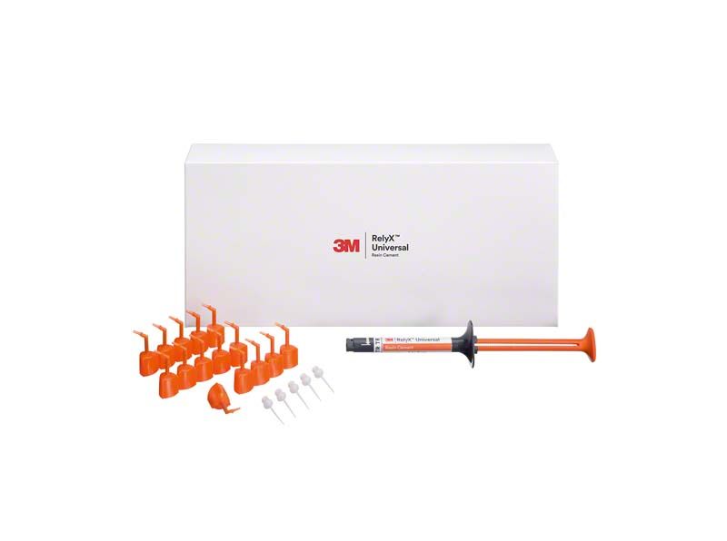 3M RelyX Universal Resin Cement Spritze TR mit Zubehör und Verpackung.