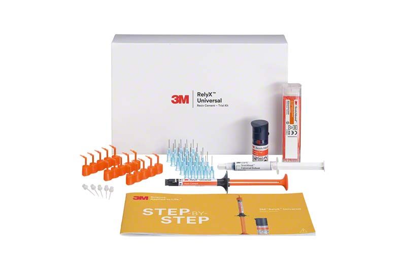 3M RelyX Universal Resin Cement Trial Kit mit Zubehörteilen und Gebrauchsanweisung.