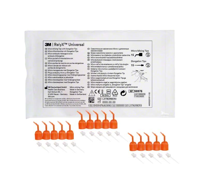 3M™ RelyX™ Universal Mikro-Mischkanülen mit Elongation Tips in Verpackung und einzeln.