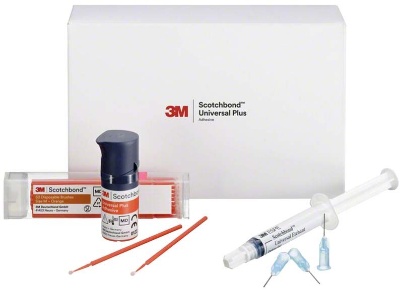 3M™ Scotchbond™ Universal Plus Intro Kit mit Fläschchen, Applikatoren und Spritze.