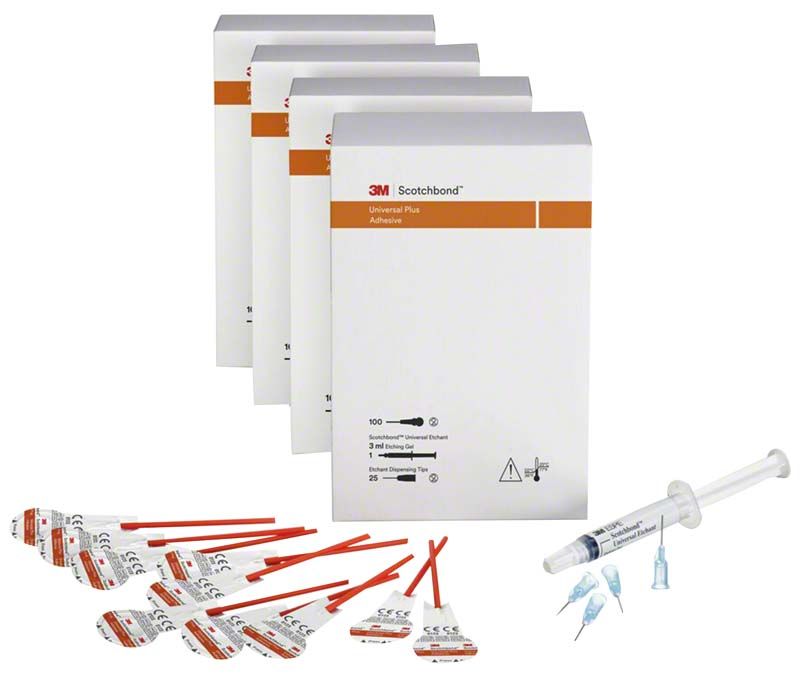 3M™ Scotchbond™ Universal Plus L-Pop 400er Verpackungen und Zubehör.