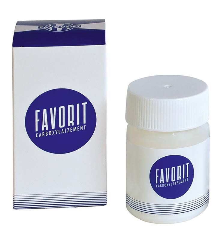 FAVORIT Carboxylatzement 90g Pulver in Glasbehälter neben Verpackung.