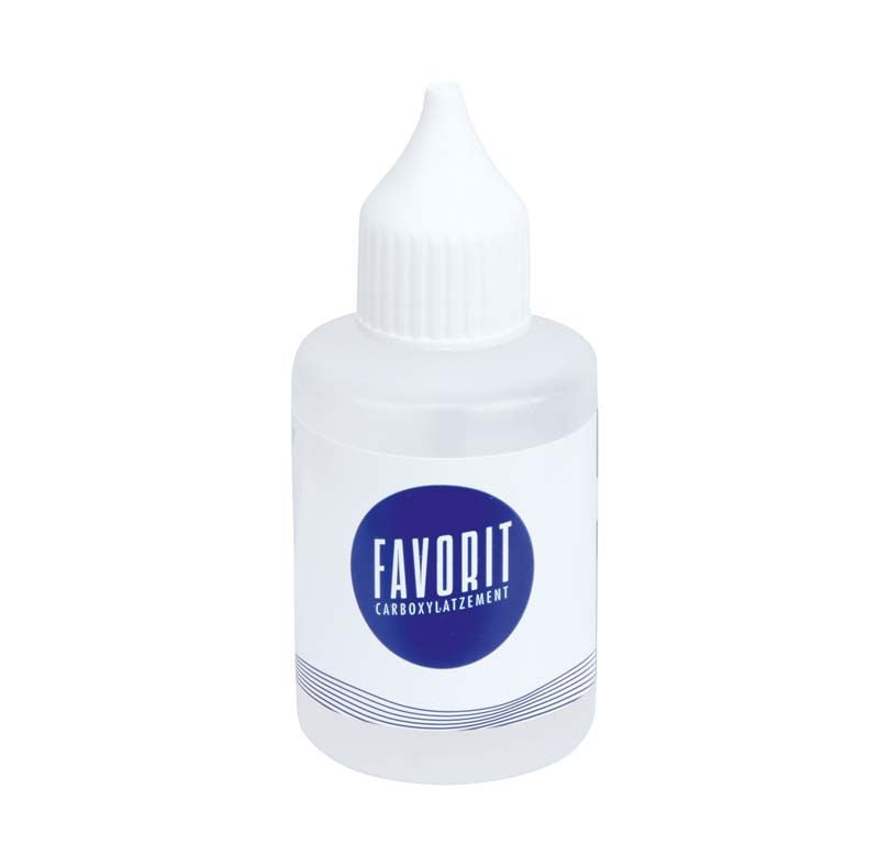 FAVORIT Carboxylatzement 30ml Flüssigkeit in weißer Flasche mit blauem Etikett.