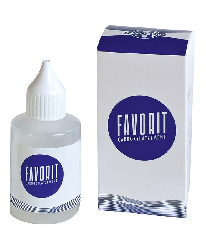 FAVORIT Carboxylatzement 30ml Flasche neben Verpackung mit blauem Etikett.