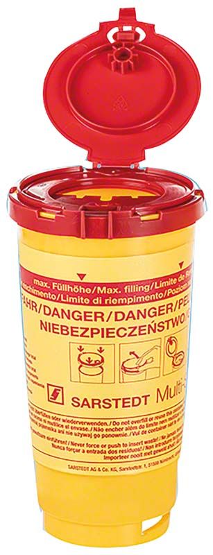 Multi-Safe twin plus 500 Abwurfbehälter mit rotem Deckel und Sicherheitskennzeichnung.