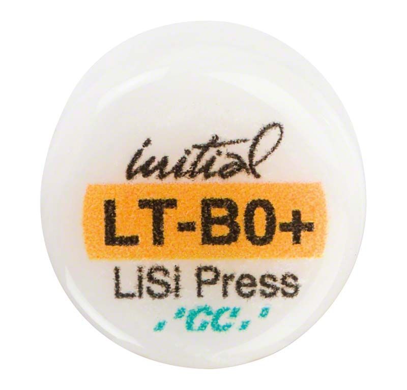 GC Initial LiSi Press LT B0+ mit Produktkennzeichnung auf weißem Hintergrund