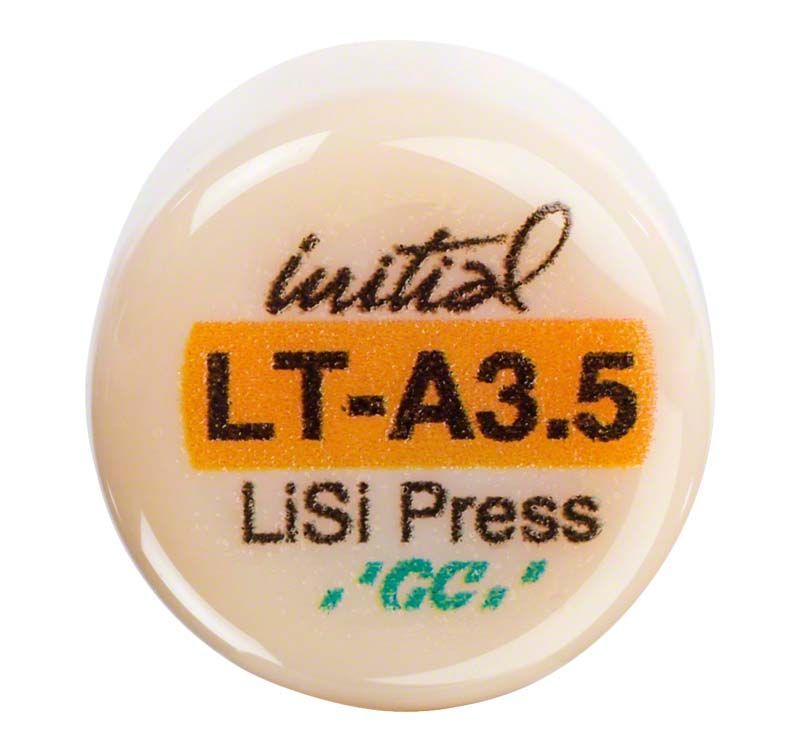 GC Initial™ LiSi Press LT A3,5 mit Produktbeschriftung auf cremefarbenem Hintergrund