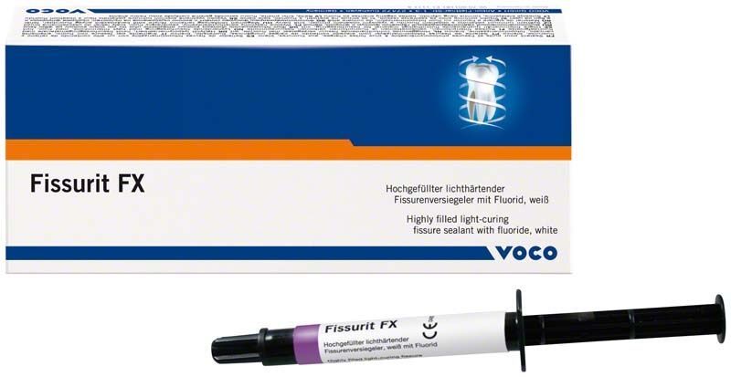 Hochgefüllter lichthärtender Fissurenversiegeler Fissurit FX mit Fluorid, Spritze und Verpackung.
