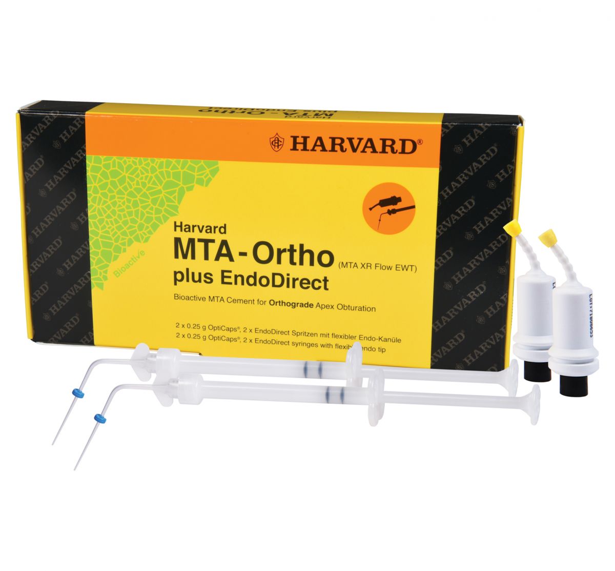 Harvard MTA-Ortho plus EndoDirect Verpackung mit zwei Applikationsspritzen.