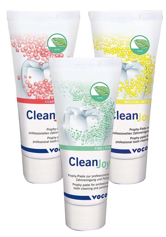Drei Tuben CleanJoy® Prophylaxe-Zahnpasta in verschiedenen Geschmacksrichtungen.
