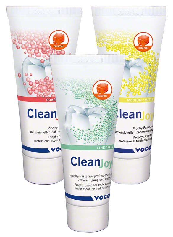 Drei CleanJoy® Zahnpasta-Tuben in verschiedenen Geschmacksrichtungen, Marke Voco.