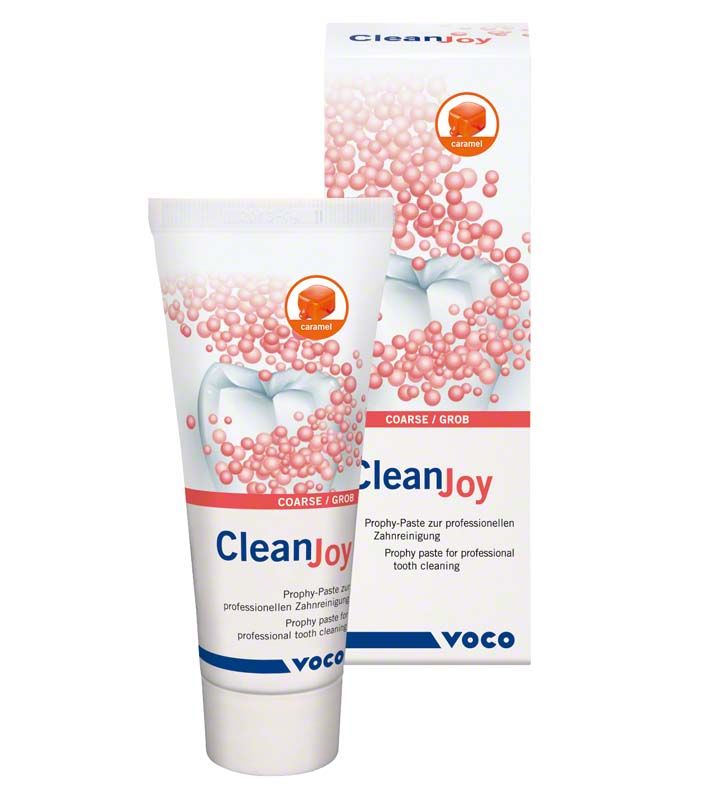 CleanJoy® Zahnreinigungspaste Tube mit Karamellgeschmack und Verpackung.