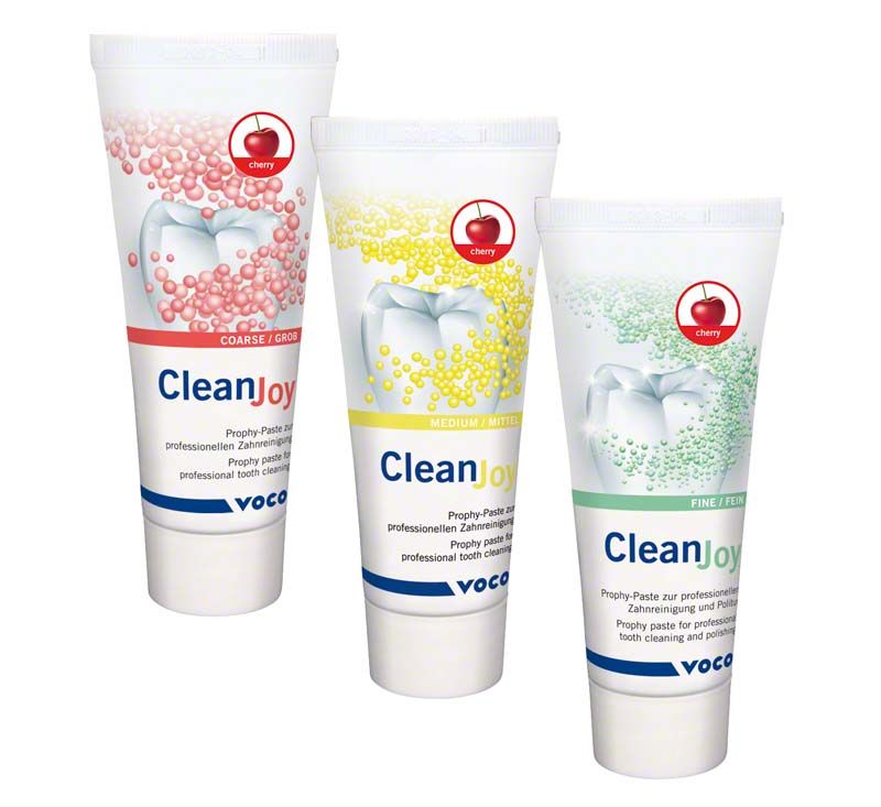 Drei CleanJoy® Zahnreinigungspasten mit farblicher Kennzeichnung in Tuben.