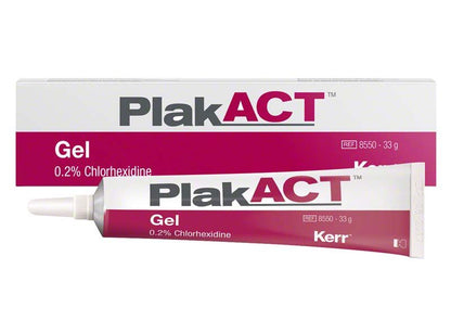 PlakACT™ Gel 0.2% Chlorhexidin in 33g Tube vor Verpackung.