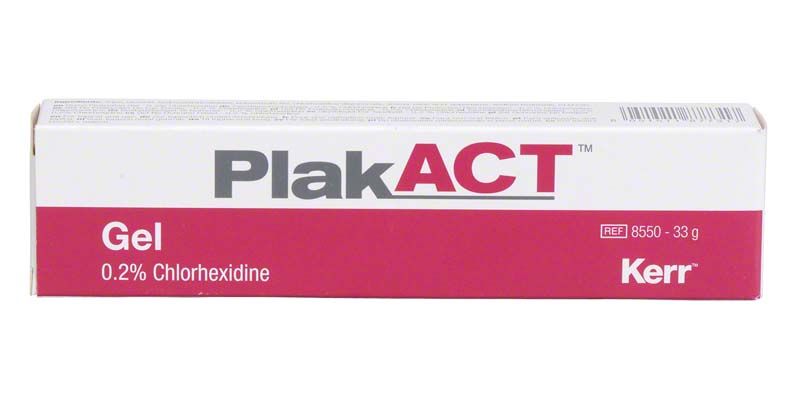 PlakACT™ Gel 0,2% Chlorhexidin Verpackung mit rotem und weißem Design.