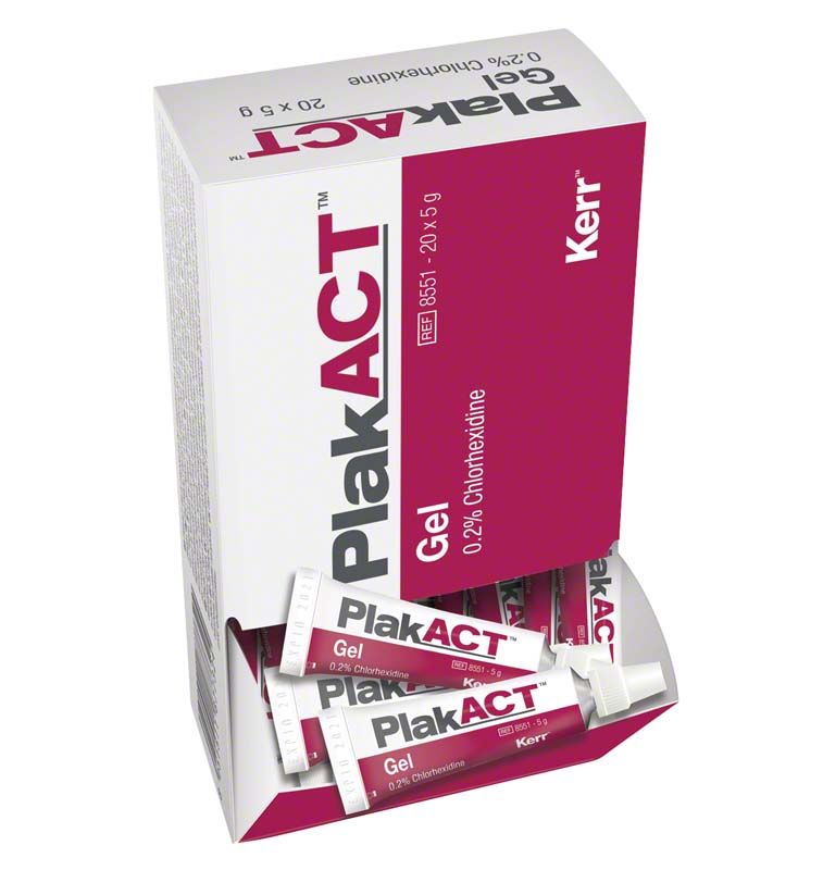 PlakACT™ Gel 0,2% Chlorhexidin-Verpackung mit mehreren Tuben.
