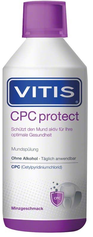 VITIS® CPC protect Mundspülung Flasche mit lila Verschluss und Produktinformationen.
