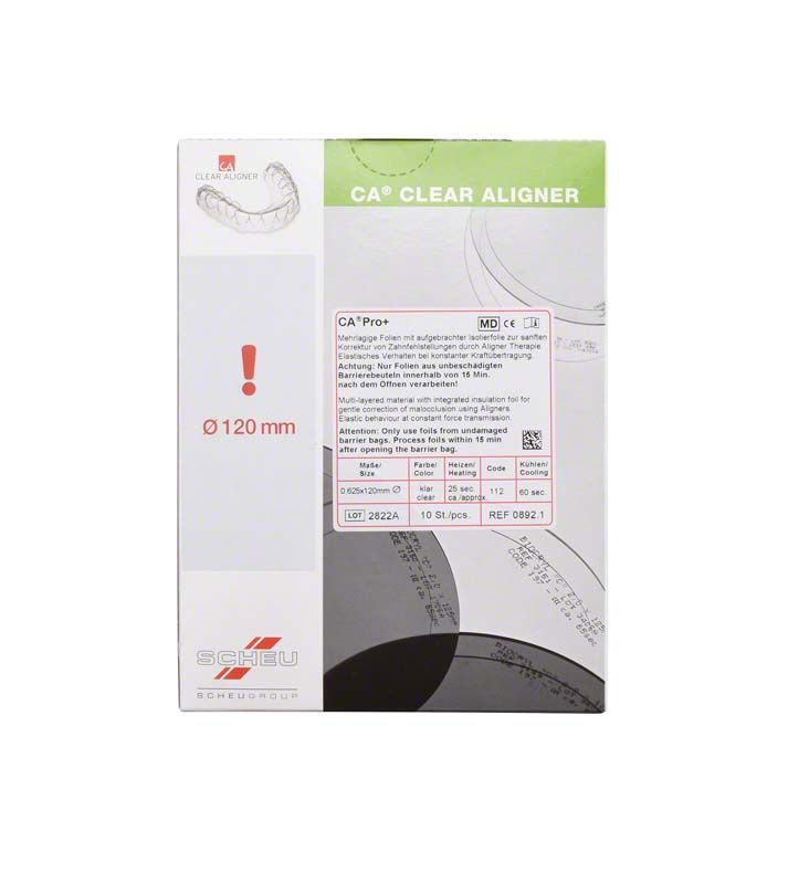 Verpackung der CA® Pro+ Tiefziehfolien Ø 120mm für Alignerherstellung.