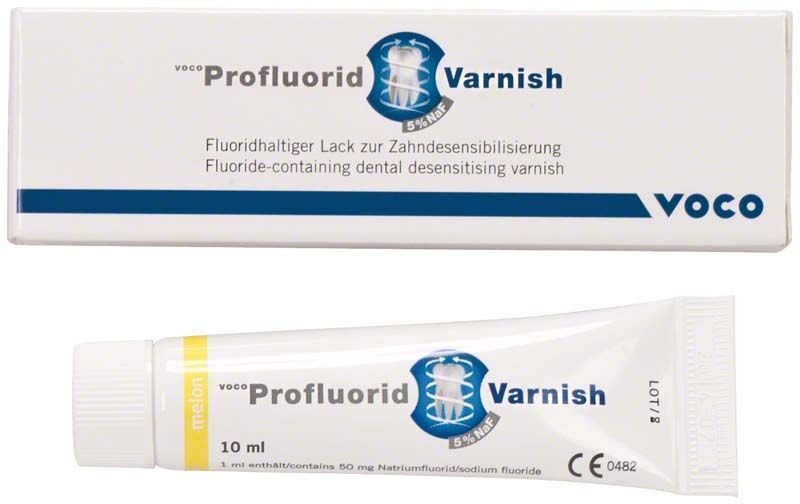 VOCO Profluorid® Varnish Tube 10ml Melone mit Verpackung und Produktdetails.