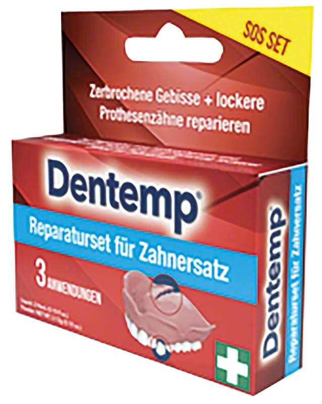 Dentemp® Reparaturset-Verpackung für Zahnersatz mit rotem Design.