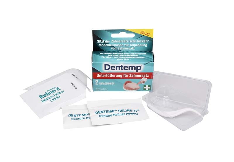 Dentemp® Reline it Unterfütterungsmaterial-Set mit Verpackung und Zubehör.