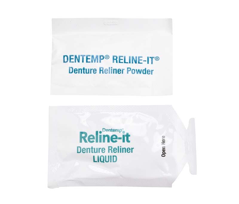 Dentemp® Reline it Pulver- und Flüssigkeitsbeutel für Prothesenunterfütterung.