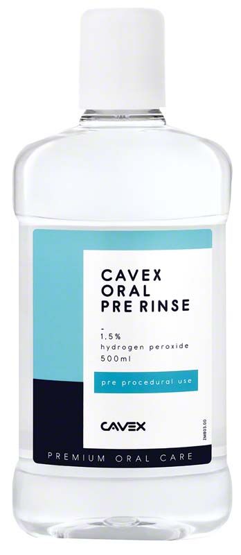 Cavex Oral Pre Rinse Flasche 500 ml mit Etikett und blauer Akzentfarbe.