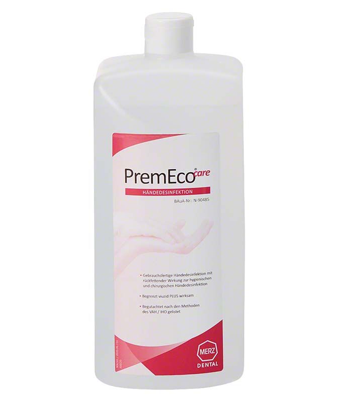 Weiße PremEco® care Flasche, 1 Liter, für Händedesinfektion.